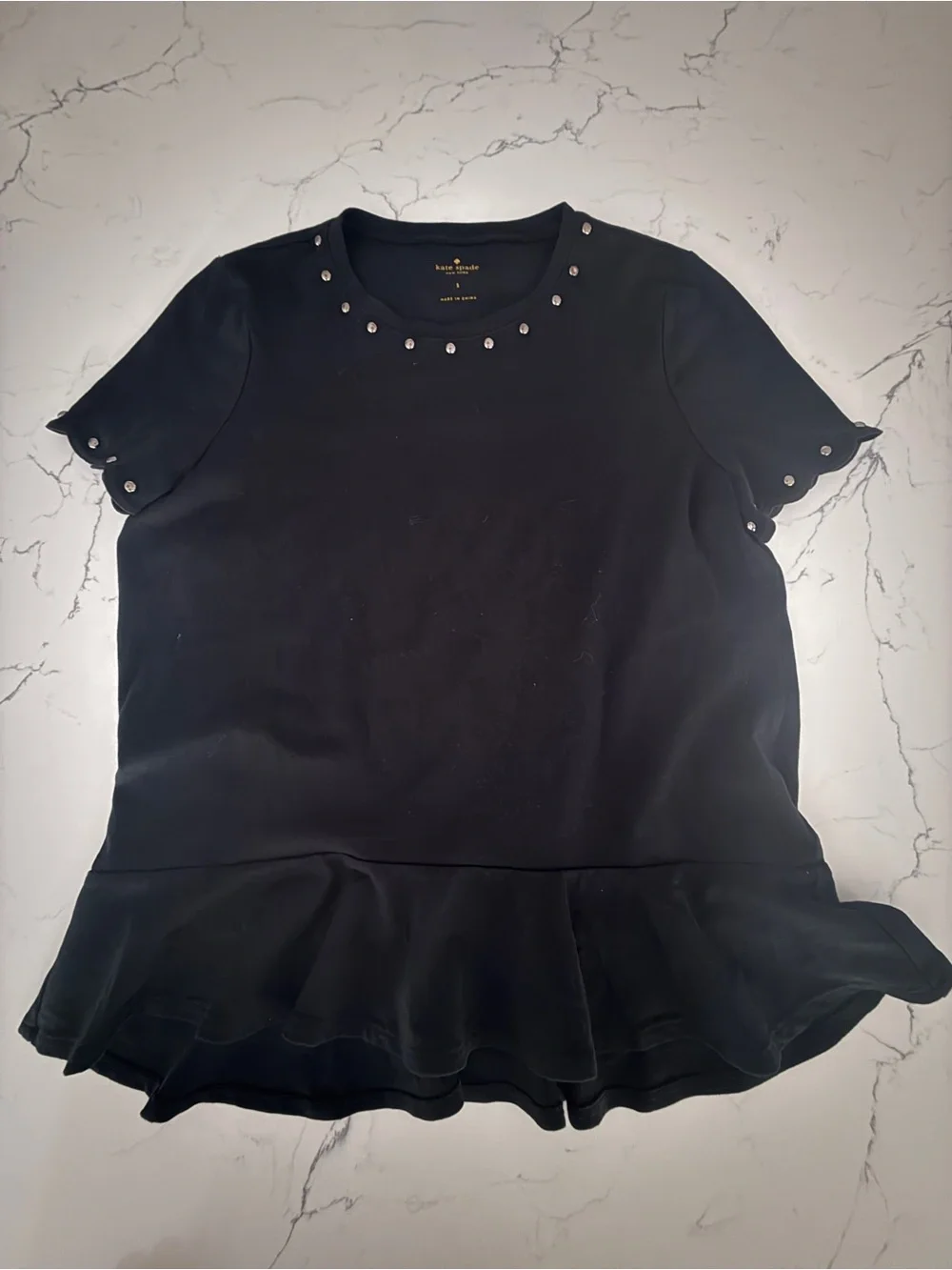 kate spade Black Short-Sleeve Peplum Top with Metallic Bead Accents